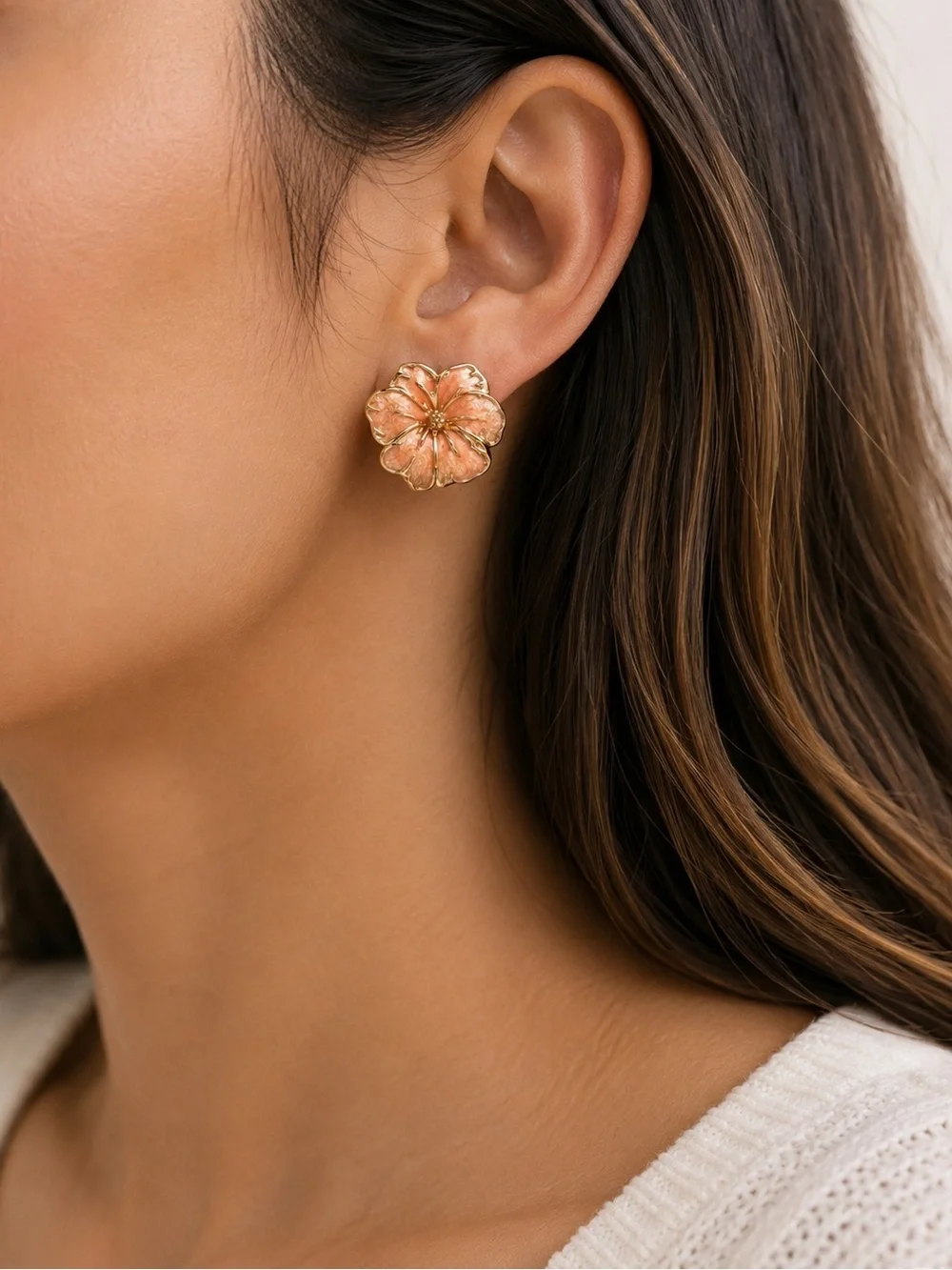 Gold Tone Peach Enamel Hibiscus Flower Stud Earrings Tropical Floral Boho Chic